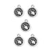Antiqued silver Aquarius zodiac charms, five round pewter charms with a water jug and swirls on a white background