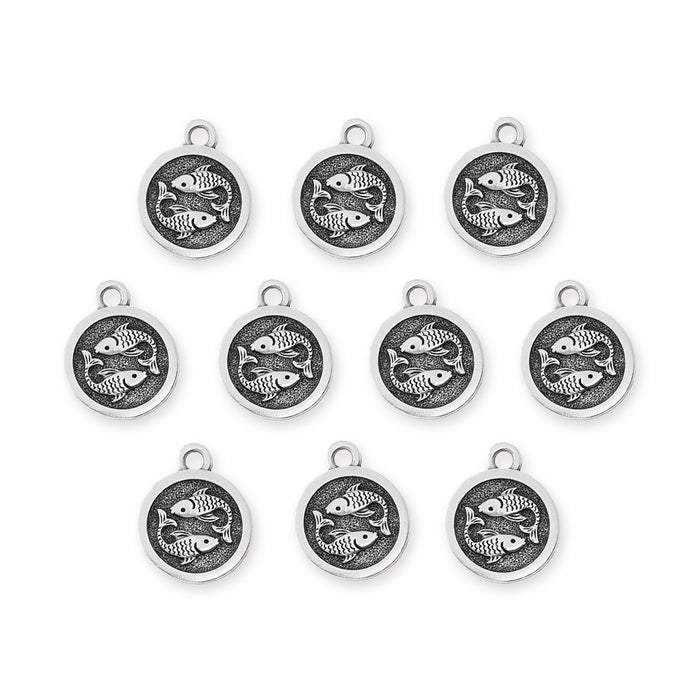 Antiqued silver Pisces zodiac charms, ten round pewter charms with two fish laid out in rows
