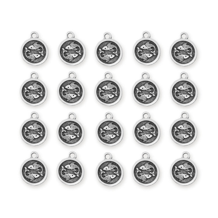Antiqued silver Pisces zodiac charms with two fish design, 20 round pewter charms arranged in a grid