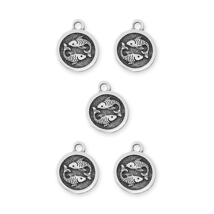 Antiqued silver Pisces zodiac charms with two fish design, five round pewter charms with loops arranged in an X