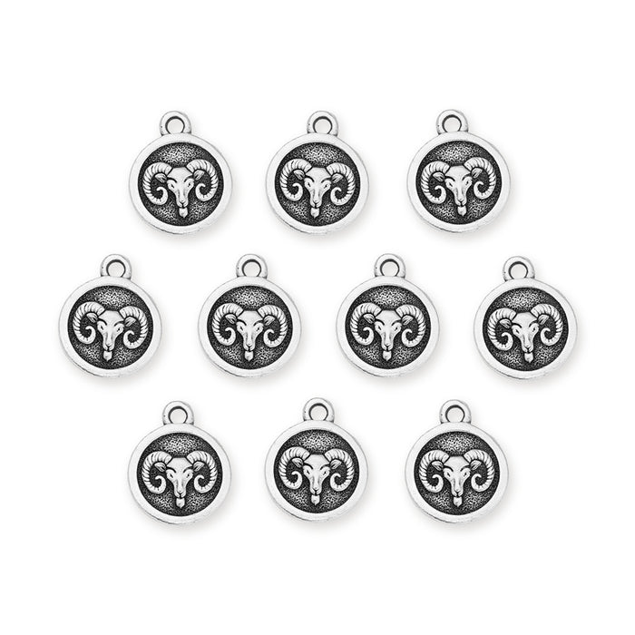 Antiqued silver Aries zodiac charms with ram head design, ten charms laid out in rows