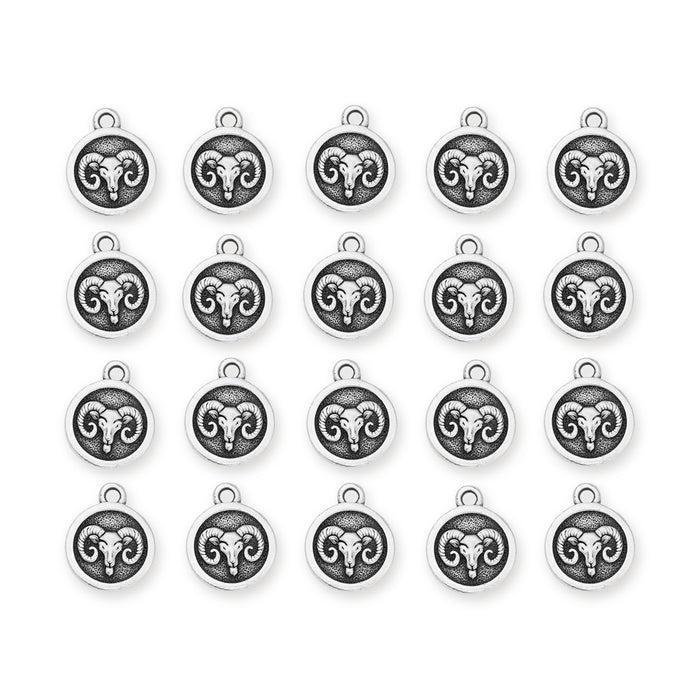 Antiqued silver Aries zodiac charms with ram head design, 20 charms laid out in four rows of five