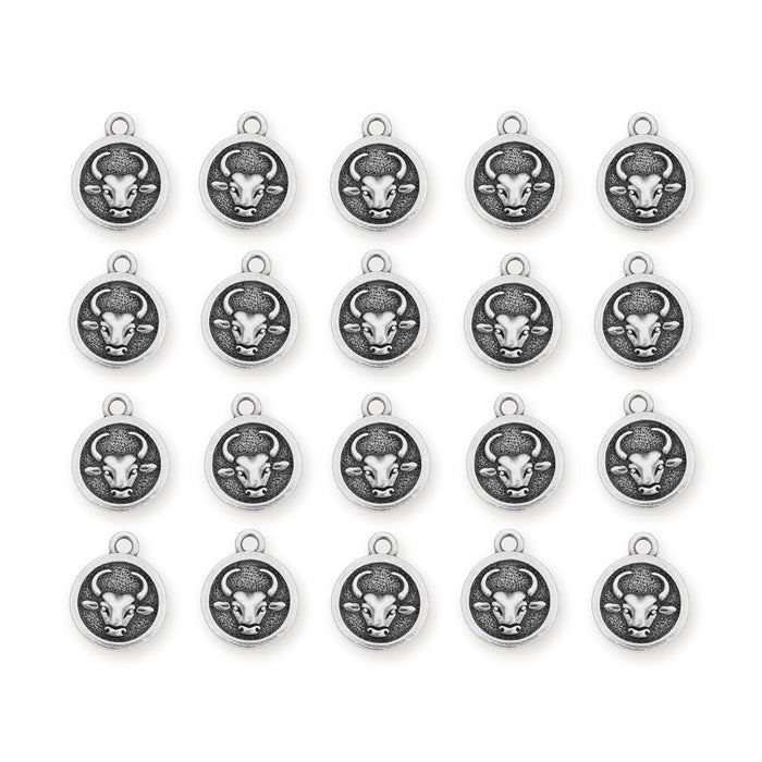 Antiqued silver Taurus zodiac charms with bull head design, 20 round pewter charms arranged in four rows