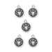 Antiqued silver Taurus zodiac charms, five round pewter charms each showing a bull's head, laid out on white