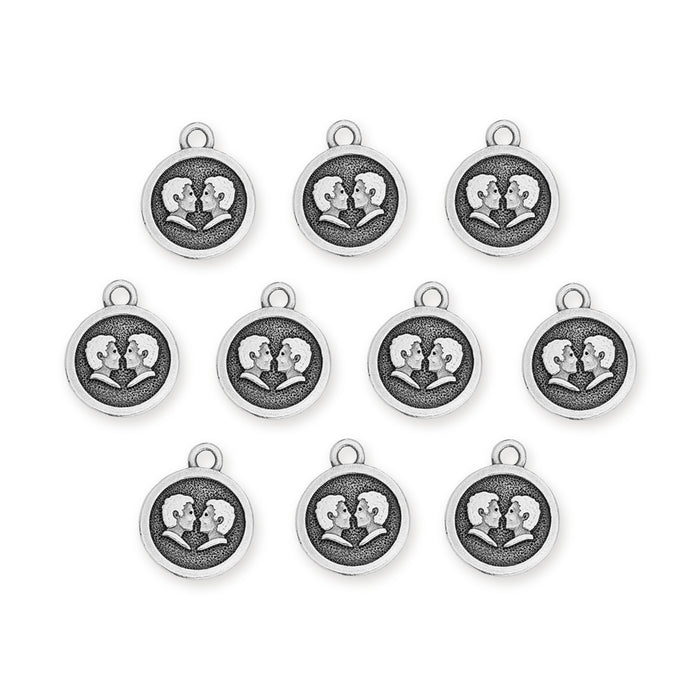 Antiqued silver Gemini zodiac charms, ten round pewter charms with twin profile faces arranged in rows