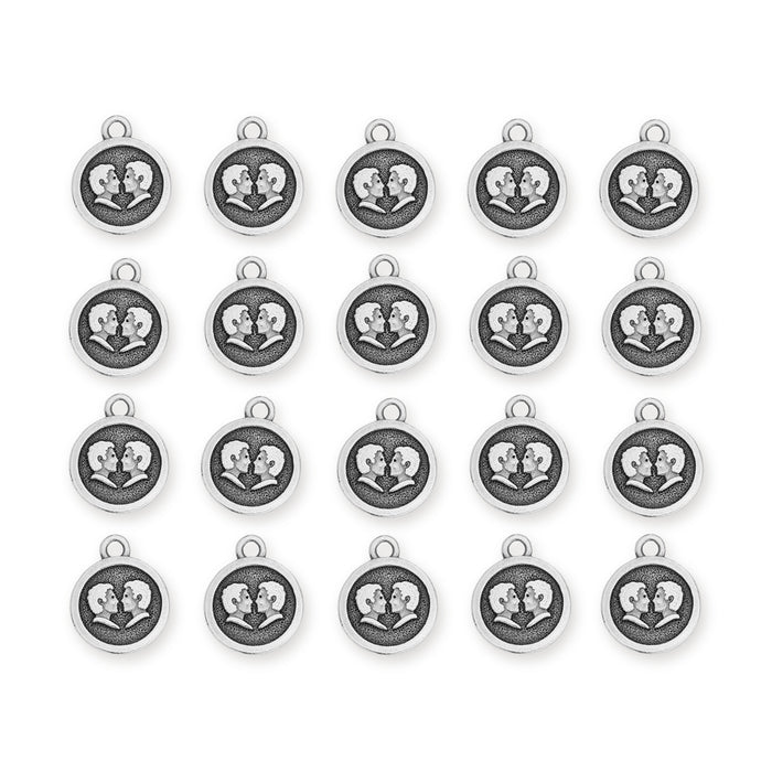 Antiqued silver Gemini zodiac charms arranged in four rows of five, each showing two facing twin profiles