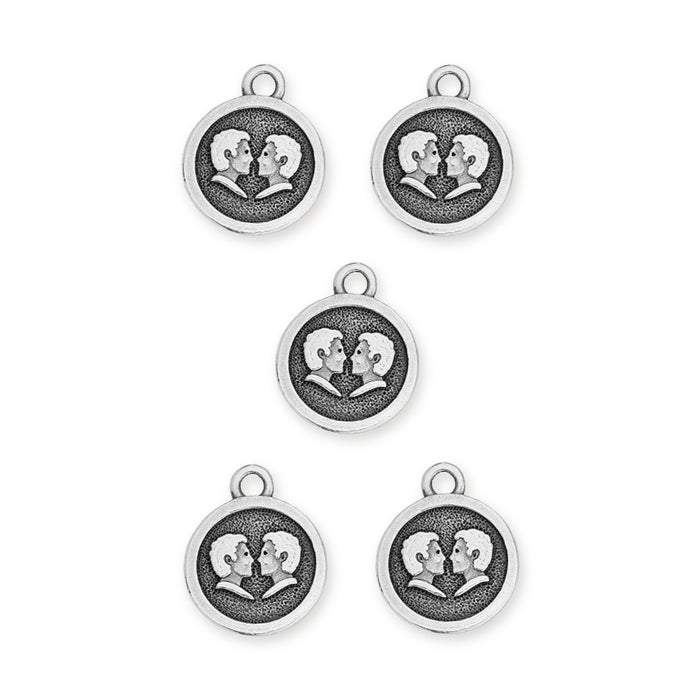 Antiqued silver Gemini zodiac charms, five round pewter charms with twin profile faces and top loops