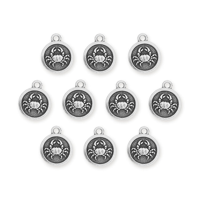 Antiqued silver Cancer zodiac charms with crab design, ten round pewter charms arranged in rows