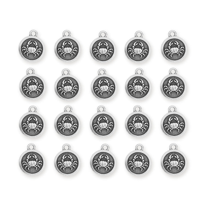 Antiqued silver Cancer zodiac charms with crab design, twenty round pewter charms arranged in four rows