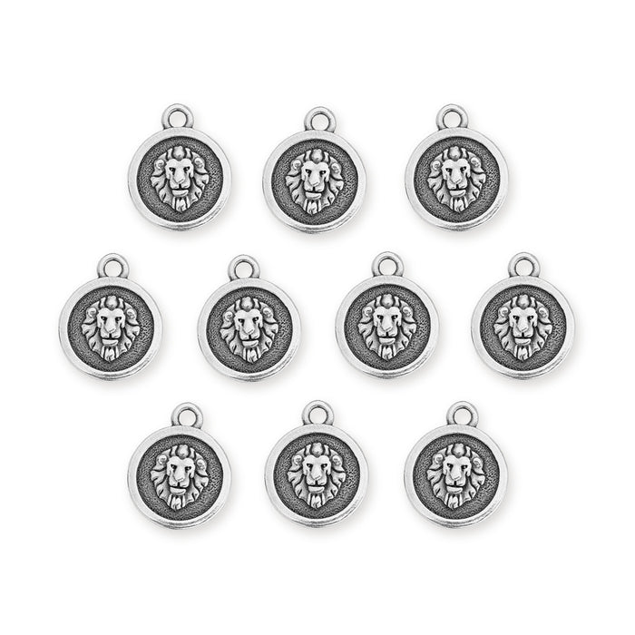 Antiqued silver Leo zodiac charms, ten round pewter charms with a lion face laid out in rows