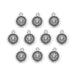 Antiqued silver Leo zodiac charms, ten round pewter charms with a lion face laid out in rows