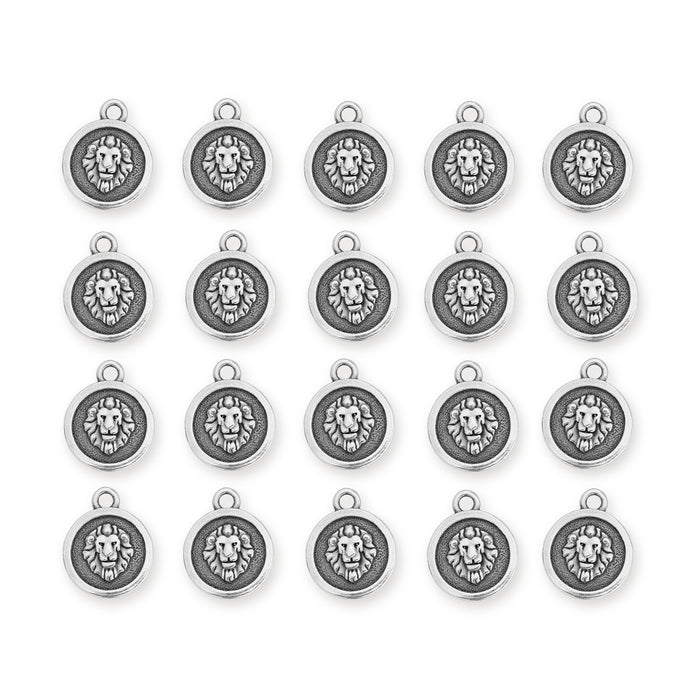 Antiqued silver Leo zodiac charms with lion face design, twenty pewter charms laid out in four rows