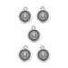 Antiqued silver Leo zodiac charms, five round pewter charms each showing a lion head, laid out on white