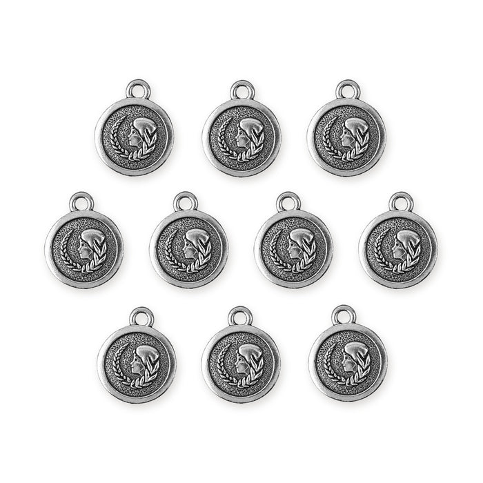 Antiqued silver Virgo zodiac charms, ten round pewter charms with a maiden profile and wreath, arranged in rows