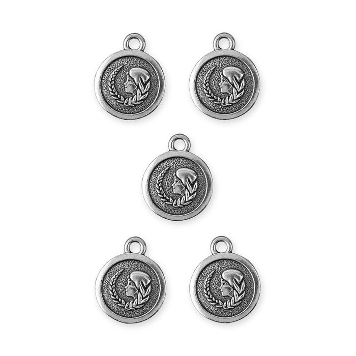 Antiqued silver Virgo zodiac charms, five round pewter charms showing a maiden profile with a laurel wreath