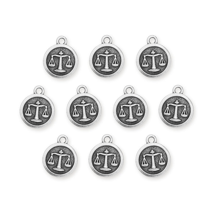 Antiqued silver Libra zodiac charms with scales design, ten round pewter charms arranged in rows