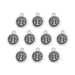 Antiqued silver Libra zodiac charms with scales design, ten round pewter charms arranged in rows