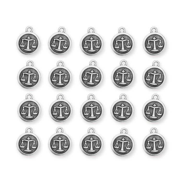 Antiqued silver Libra zodiac charms with scales design, twenty round pewter charms arranged in four rows