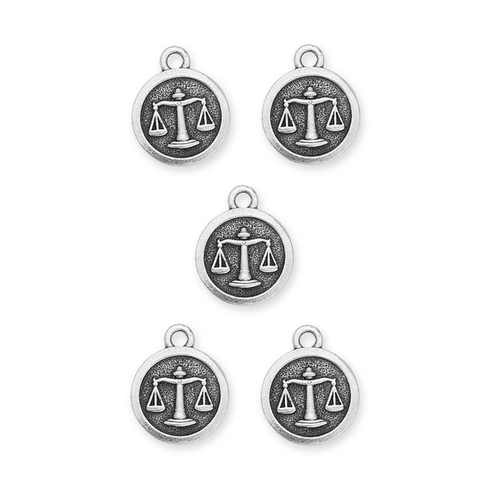 Antiqued silver Libra zodiac charms, five round pewter pendants with scales design and top loop
