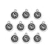 Antiqued silver Scorpio zodiac charms with scorpion design, ten round pewter charms with loops laid out in rows