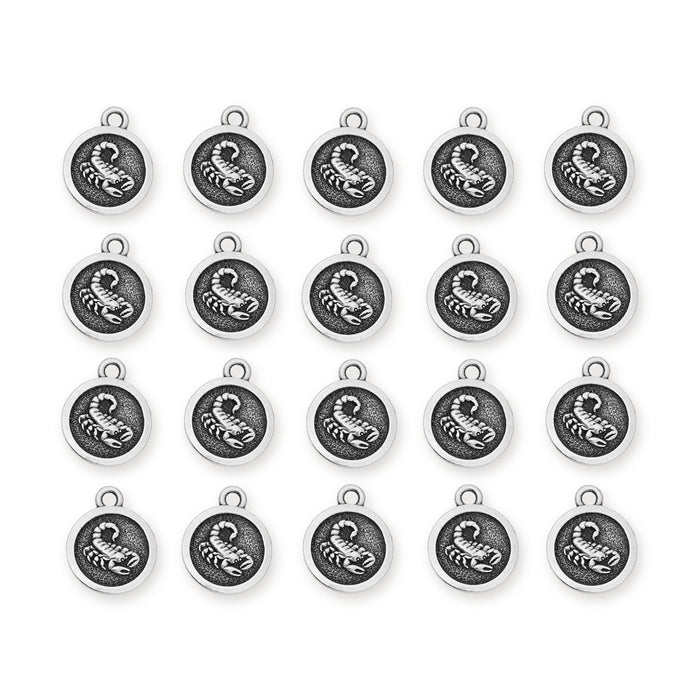 Antiqued silver Scorpio zodiac charms with scorpion design, twenty round pewter charms in four rows