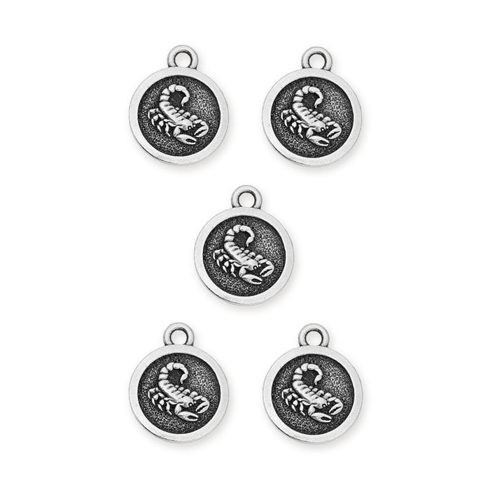 Five antiqued silver Scorpio zodiac charms with a scorpion design on round pewter discs