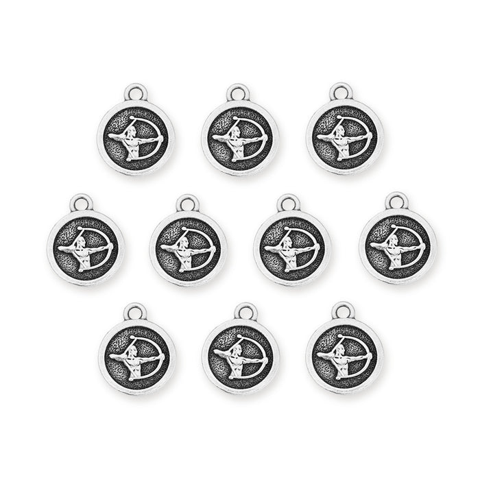 Antiqued silver Sagittarius zodiac charms, ten round pewter charms with an archer design laid out in rows