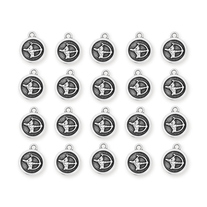 Antiqued silver Sagittarius zodiac charms with archer design, 20 charms arranged in four rows
