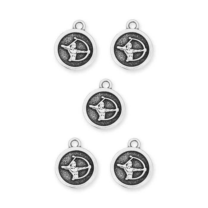 Five antiqued silver Sagittarius zodiac charms with archer design and loop tops arranged on white