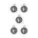 Five antiqued silver Sagittarius zodiac charms with archer design and loop tops arranged on white