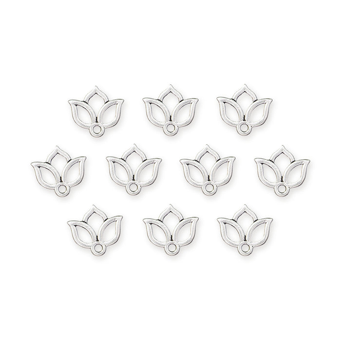 Antiqued silver open lotus charms, ten laid out in rows, each with a small loop at the base