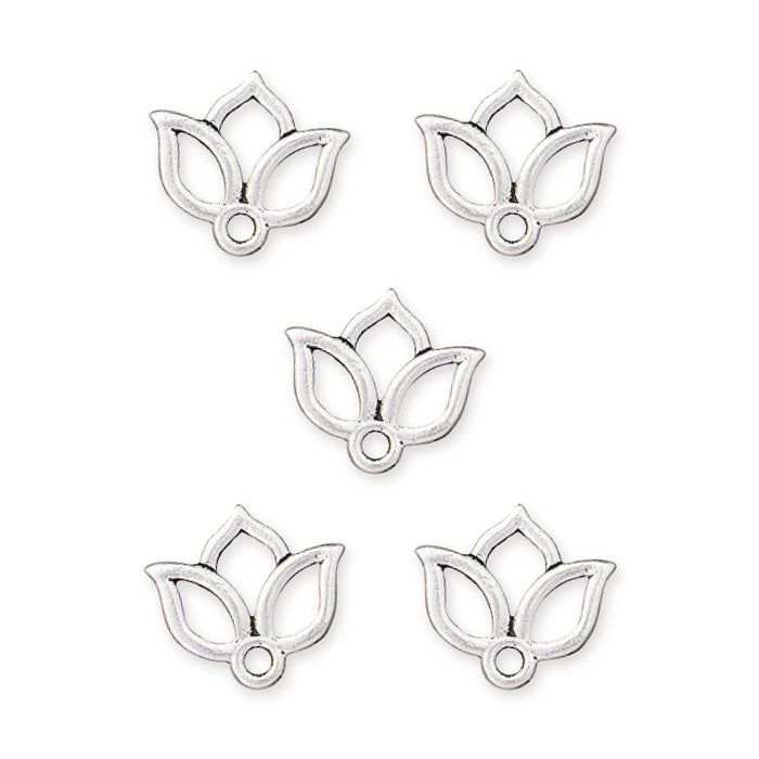 Five antiqued silver open lotus charms with top loops arranged in a group on white