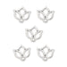 Five antiqued silver open lotus charms with top loops arranged in a group on white