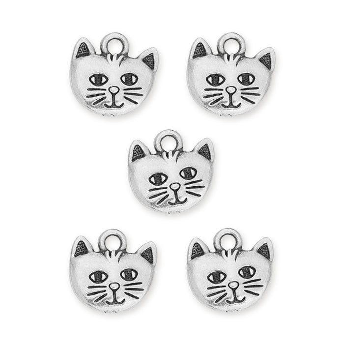 Antiqued silver whiskers cat face charms, five pewter charms arranged on a white background