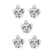 Antiqued silver dog face charms, five pewter charms with loops arranged on a white background