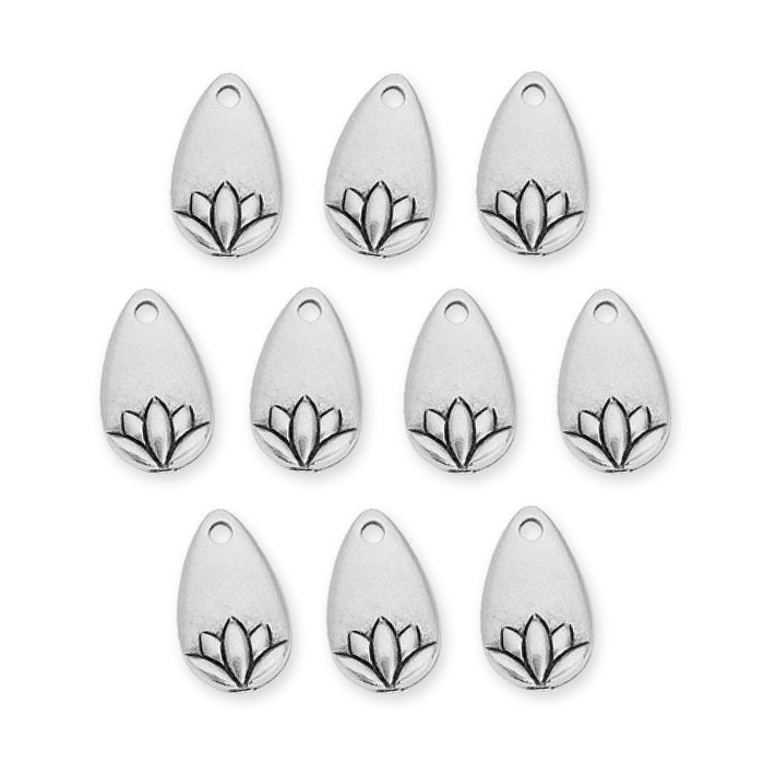 Ten antiqued silver lotus petal charms in rows, each teardrop with an engraved lotus and a hanging hole