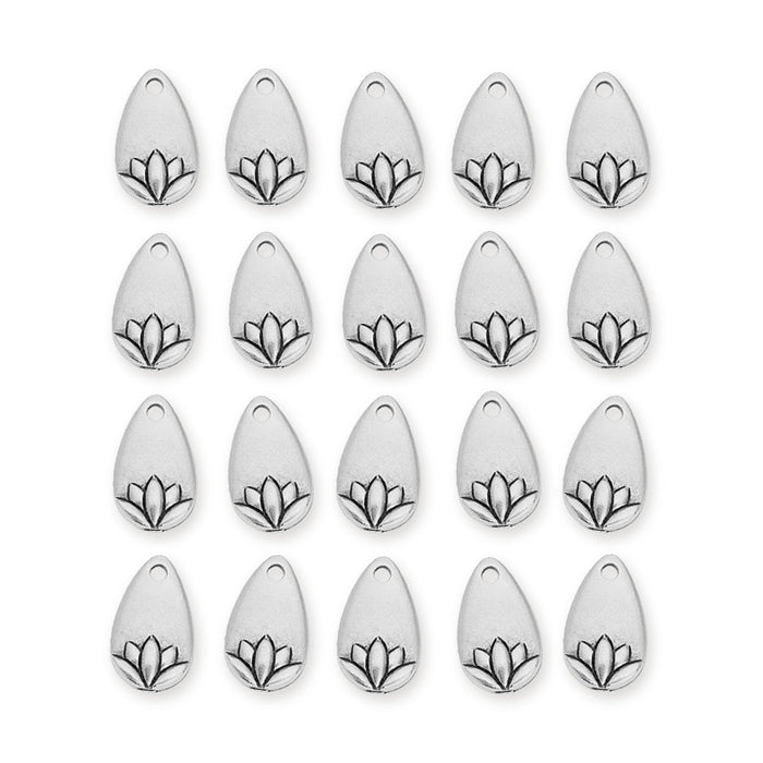 Antiqued silver lotus petal charms, twenty teardrop pewter charms arranged in four rows of five