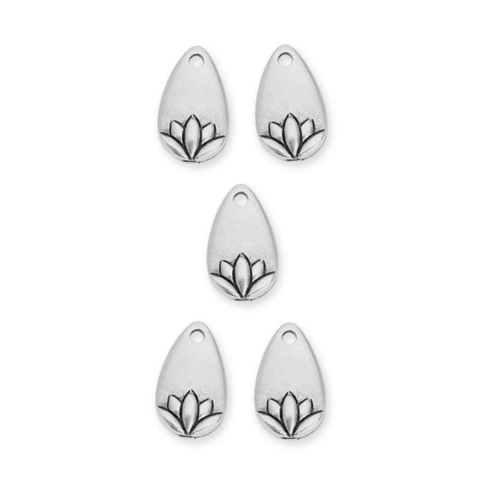 Antiqued silver lotus petal charms, five teardrop pewter pieces arranged in a group