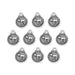 Antiqued silver chai charms, ten round pewter charms with beaded rim arranged in rows on white