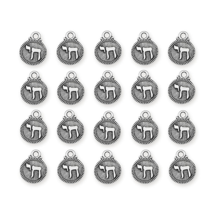 Antiqued silver chai charms, twenty round pewter pendants with beaded rims arranged in a grid of four rows