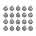 Antiqued silver chai charms, twenty round pewter pendants with beaded rims arranged in a grid of four rows