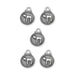 Antiqued silver chai charms, five round pewter pendants with a beaded rim and Hebrew chai symbol on a white background