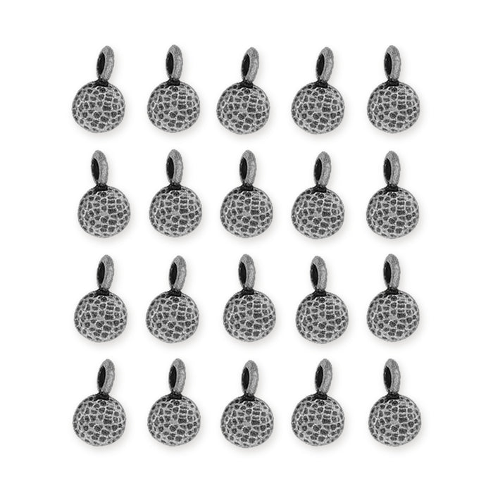 Antiqued pewter full moon charms with hammered texture and top loop, arranged in four rows of five