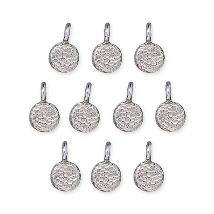 Shiny silver full moon charms with hammered texture and top loop, ten charms arranged in rows