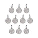 Shiny silver full moon charms with hammered texture and top loop, ten charms arranged in rows