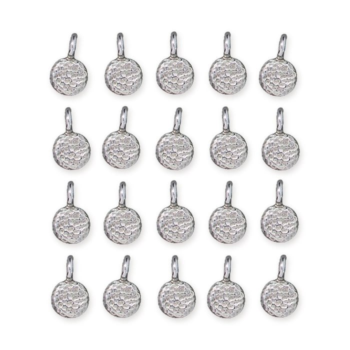 Shiny silver full moon charms with hammered texture and loops, arranged in four rows of five
