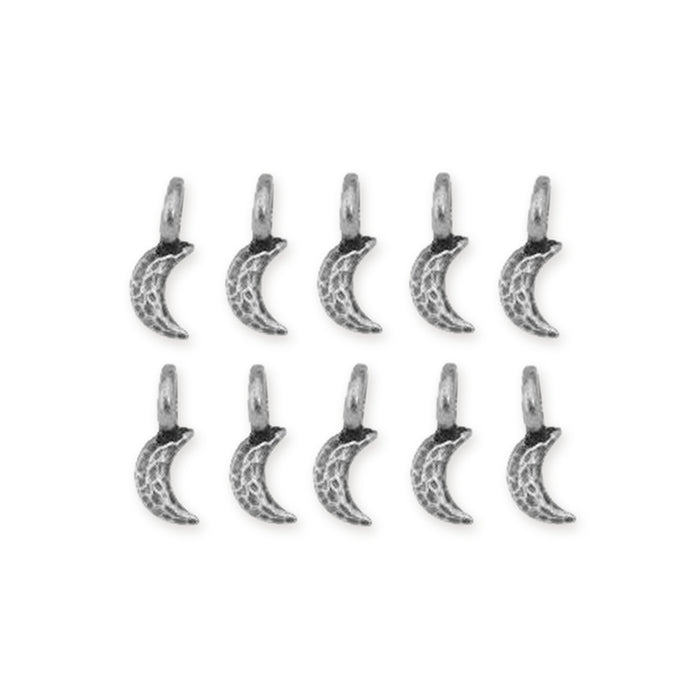 Antiqued pewter crescent moon charms with hammered texture and top loops, arranged in two rows of five