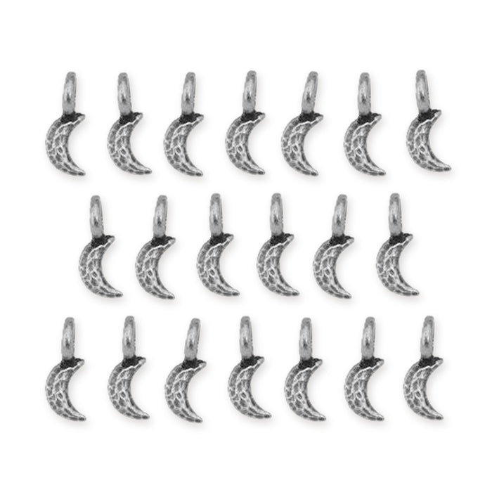 Antiqued pewter crescent moon charms, 20 textured charms with loops arranged in three rows