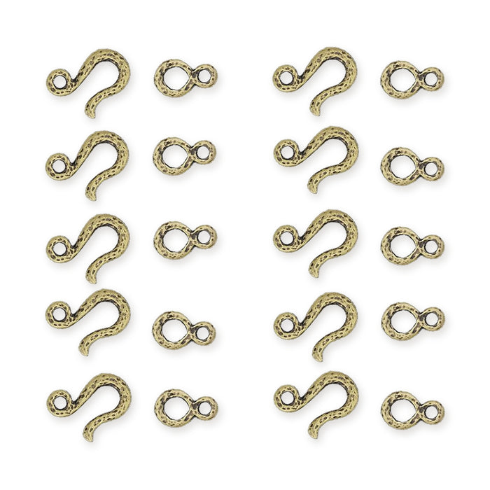 Antiqued brass hammered hook and eye clasp sets, ten hooks and ten eyes arranged in two columns