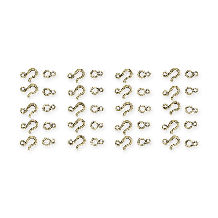 Antiqued brass hammered hook and eye clasp sets laid out in four columns of five hooks with matching eyes